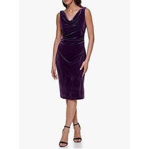 Kensie Purple Velvet Cowl Neck Ruched Sheath Dress Size 12